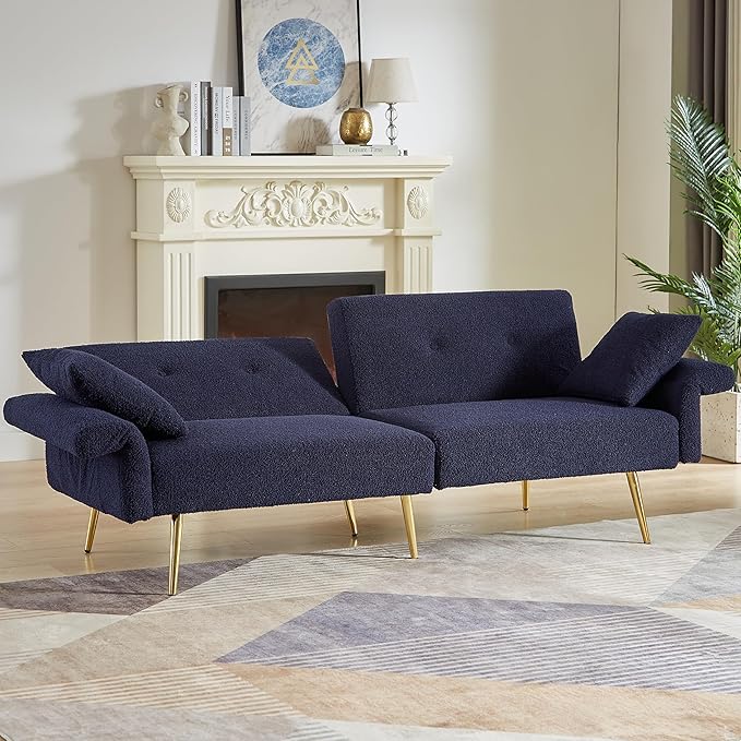Dark Blue Futon Sofa Bed Loveseat with Adjustable Backrest and Armrests Teddy Couch with Pillows and Side Pocket for Small Spaces Living Room Apartment Or Office (Dark Blue)