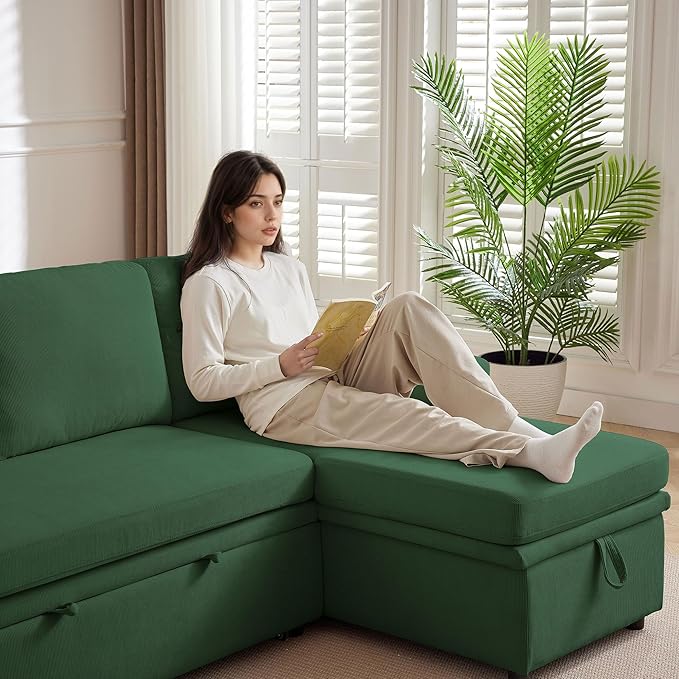 Pull Out Sleeper Sofa Bed 2 in 1 Pull Out Comfy Corduroy Couch with Storage &amp Side Pocket Convertible L Shaped Couch Bed for Living Room Apartment Green