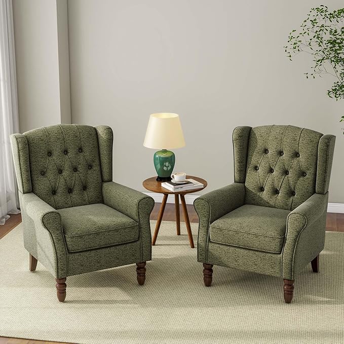Accent Chair Upholstered Armchair with Button Tufted High Back &amp Solid Wood Legs Comfy Wingback Reading Single Sofa Chair for Small Spaces Living Room Bedroom (Green Set of 1)