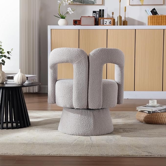360 Degree Swivel Cuddle Barrel Accent Chairs Round Armchairs with Wide Upholstered Fluffy Fabric Chair for Living Room Bedroom Office Waiting Rooms (Light Gray Boucle) KO385