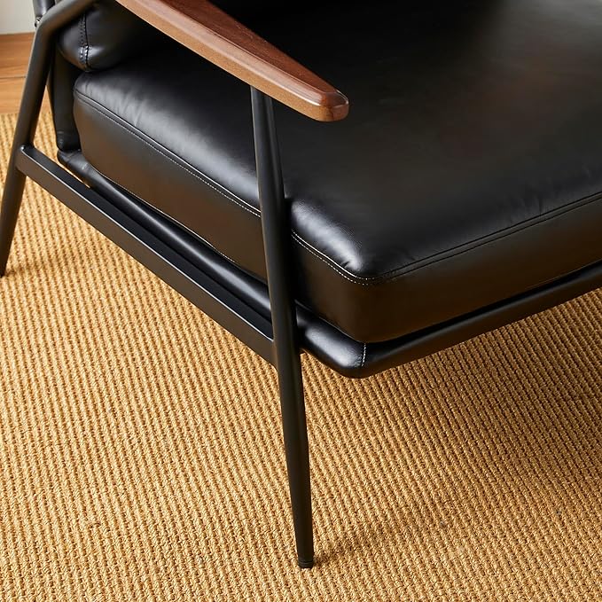 Glitzhome Mid-Century Modern Accent Chair PU Leather Ultra Soft Living Room Armchair Lounge Chairs with Steel Frame &amp Wooden Armrest for Living Room Home Office Reading Room Black