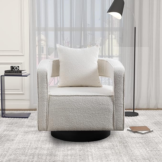 29 W Modern Boucle Swivel Accent Chair Open Back Comfy Sofa Chair with Black Wood Base for Nursery Bedroom Living Room Hotel Office Club Leisure Lounge Chair (Ivory)