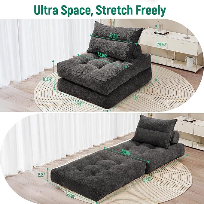 Folding Sofa Bed Fold Out Chair Bed with Pillow Convertible Sleeper Chair for Living Room/Small Spaces Foldable Lazy Sofa Bed Floor Chair Comfy Teddy Velvet Couch Bed Dark Grey