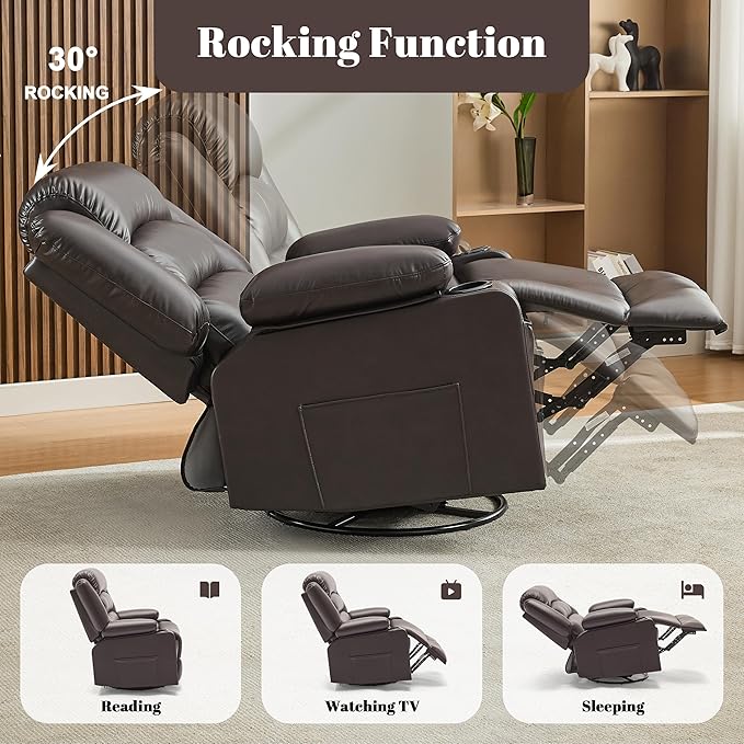 Oversized Recliner Chair with Heat and Massage 360° Swivel Nursery Rocking Chairs for Adults Recliner Single Sofa Seat with Cup Holders Lazy Boy Recliner Single Sofa (Oversized Manual Darkbrown)