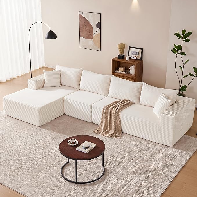 140” Cloud Sectional Couch Modular Sectional Sofa with Deep Seat Boneless Sofa for Living Room Fluffy Comfy L-Shaped Couch with Left Facing Chaise No Assembly Required Beige