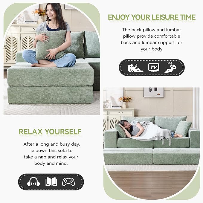 79 Boneless Loveseat Sofa Couch Modular Foldable Floor Cloud Sofa with Ottoman Lounge Convertible Sofa Bed for Living Room No Assembly Chenille Green