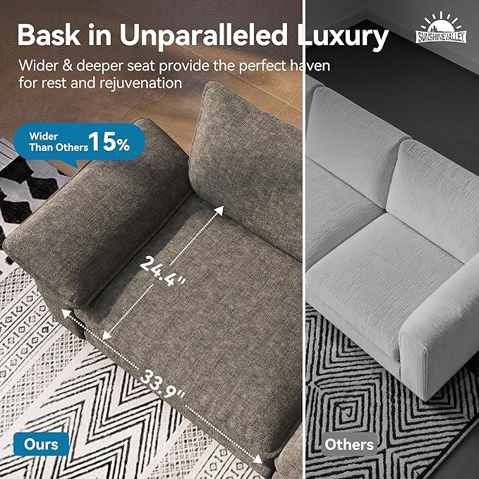2 Piece Living Room Sofa Furniture Set Oversized Chenille Modular Loveseat and 3-Seat Couch with Pillow Modern 5-Seat Cloud Sectional Deep Seat for Apartment Smoky Grey