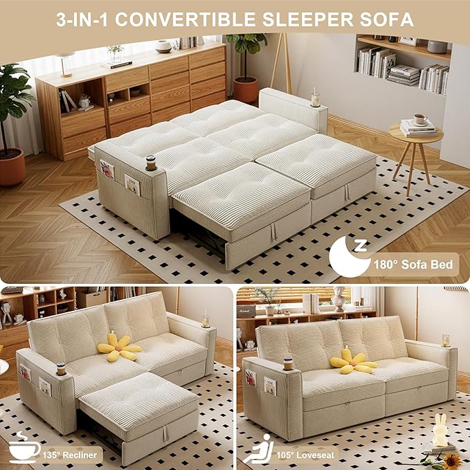 Sleeper Sofa Bed Queen Size Sofa Bed Convertible Pull Out Couch with Adjustable Backrest USB Port and Side Pockets Modern 2 Seater Small Couches for Living Room Space-Saving