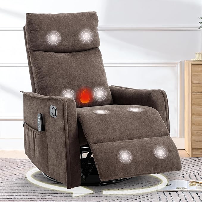 cinkehome Swivel Rocker Recliner Glider Rocker Recliner Chair for Nursery Manual Reclining Chair with Heated Massage Small Spaces Living Room Linen Brown