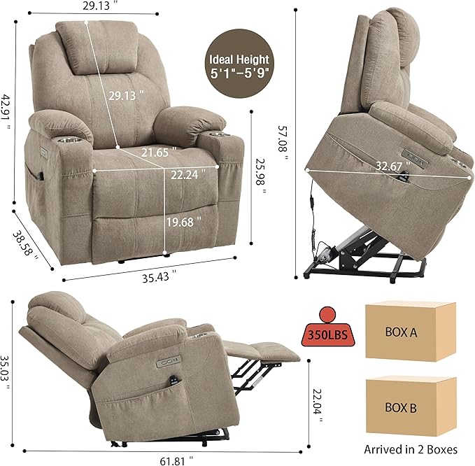 Power Lift Chair with Massage &amp Heat Electric Recliner Chairs for Adults Remote Control Sofa for Living Room Standing Assistance USB Ports Stainless Steel Cup Holders (Chenille Khaki)