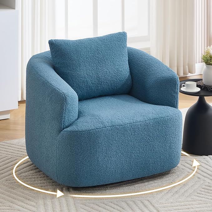 Luxlen Swivel Accent Chair with Pillow for Living Room Teddy Fleece Upholstered Single Sofa 360° Rotating Barrel Chair with Metal Base for Bedroom Office Apartment - Blue