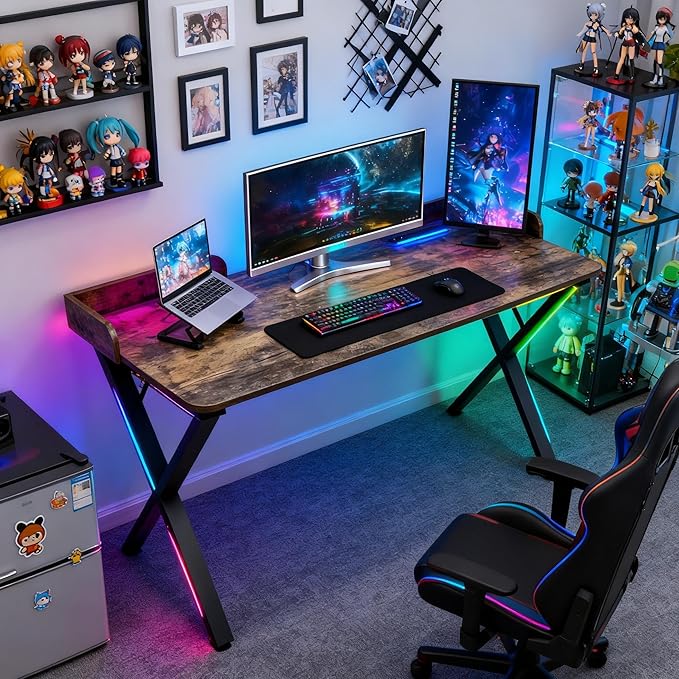 Lightdot 47x24 Inches Computer Desk with Power Outlets &amp USB Deeper Desktop &amp Baffle Gaming Office Writing Work Desk for Home Office Study Bedroom Heavy Duty Metal Frame Rustic Brown