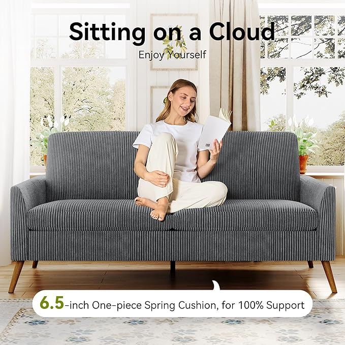68 Loveseat Sofa Comfy Grey Corduroy Couches for Living Room Mid Century Modern Love Seat Sofa Tool-Free Setup Small Couches for Bedroom Office