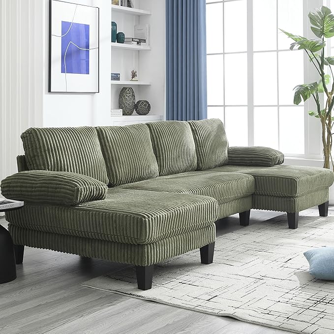 114.2 Beige Sectional Couches for Living Room U Shaped Couch with Double Chaise Modern Comfortable Plush Corduroy 4-Seat Cloud Sofa Set with Chenille Fabric for Home Furniture (Green)