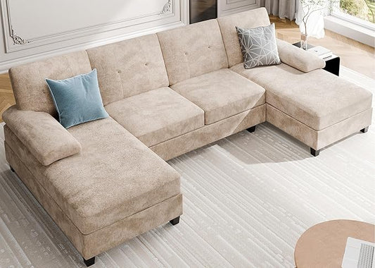 Meilocar Sectional Couches for Living Room 4 Seat Sofa Set U Shaped Couch with Double Chaise Lounges Large Couch for Apartment (Light Beige)