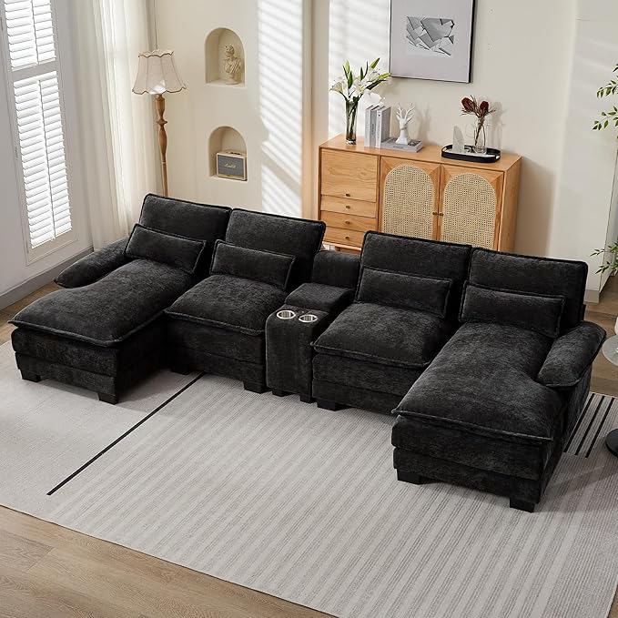 125 U Shaped Sectional Sofa with Storage Console Cup Holders &amp USB Ports Small Modular Deep Seat Cloud Couch Modern Comfy Chenille Sofas for Living Room Black