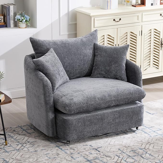 46.1 Wide Swivel Accent Chair with Ottoman Set of 2 Modern Swivel Barrel Chair for Living Room 360 Degree Oversized Accent Chair Upholstered Sofa Armchair for Bedroom Chenille Grey