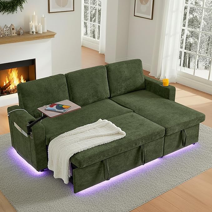 LED Sectional Sleeper Sofa with Pull Out Bed Convertible L Shaped Sofa with Storage Chaise Lounge Retractable Table USB Cup Holders Comfy 3-Seater Sleeper Couch for Living Room (Green)