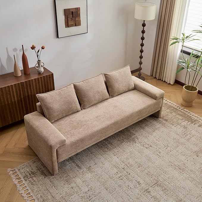 Christopher Knight Home Ahrab 84 Upholstered Sofa with 3 Back Pillows Modern Fabric 3-Seater Sofa Cozy Oversized Loveseat with Low Armrest Spacious Lounge Seating for Living Room Home Rest Camel