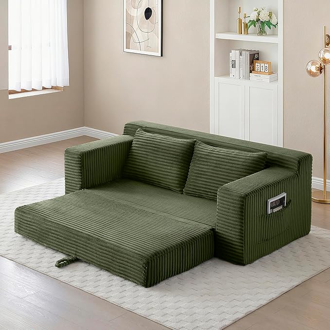 73 Convertible Sofa Bed 2 in 1 Corduroy Folding Couch with Pillows No Assembly Boneless Compression Sofa in Box Loveseat with Side Storage Pocket for Apartment Living Room Green
