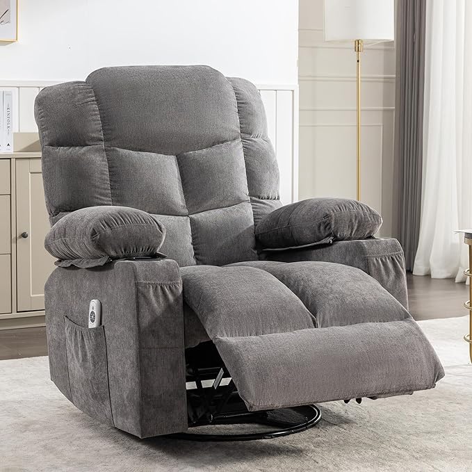 Massage Rocker Recliner Chair with Heat and Vibration Ergonomic Rocking Lounge Chair for Living Room Comfy with 2 Side Pockets 2 Cup Holders USB Charge Port (Grey)