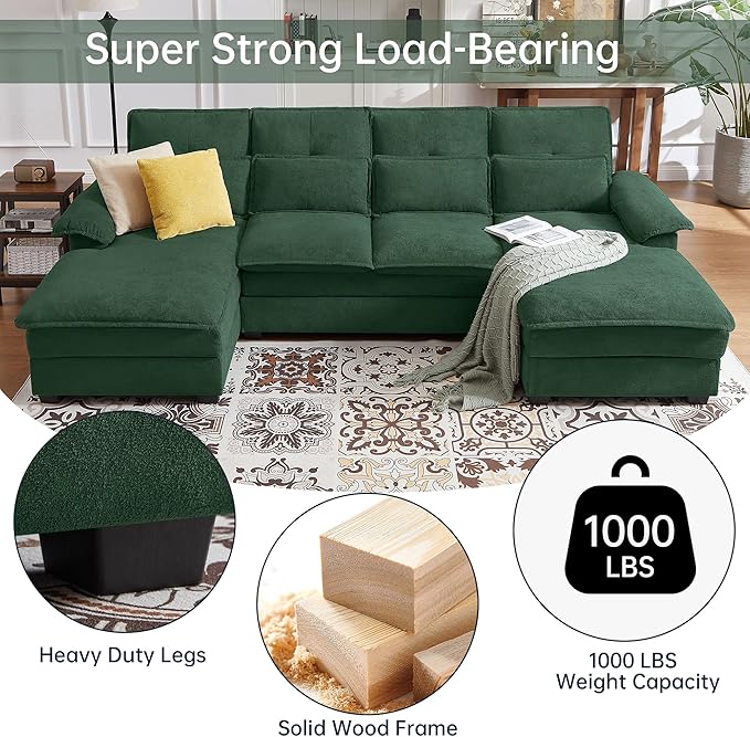 110 Comfy Cloud Couch Sectional Sofa with Lumbar Pillows Modern U-Shaped Cloud Sofa with Double Chaise &amp Deep Seat for Living Room or Office Easy Assembly Dark Green