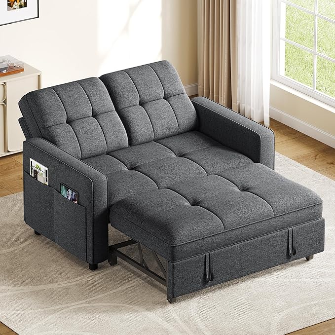 YITAHOME 55 Convertible Sofa Bed 3-in-1 Pullout Sofa Linen Sleeper Sofa with Reclining Backrest and Side Pocket Modern Futon Couch for Living Room Bedroom Apartment Grey