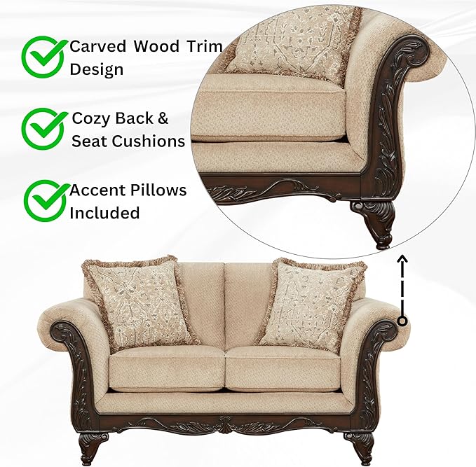 Hernen Carved Wood Frame Loveseat Beige Wheat