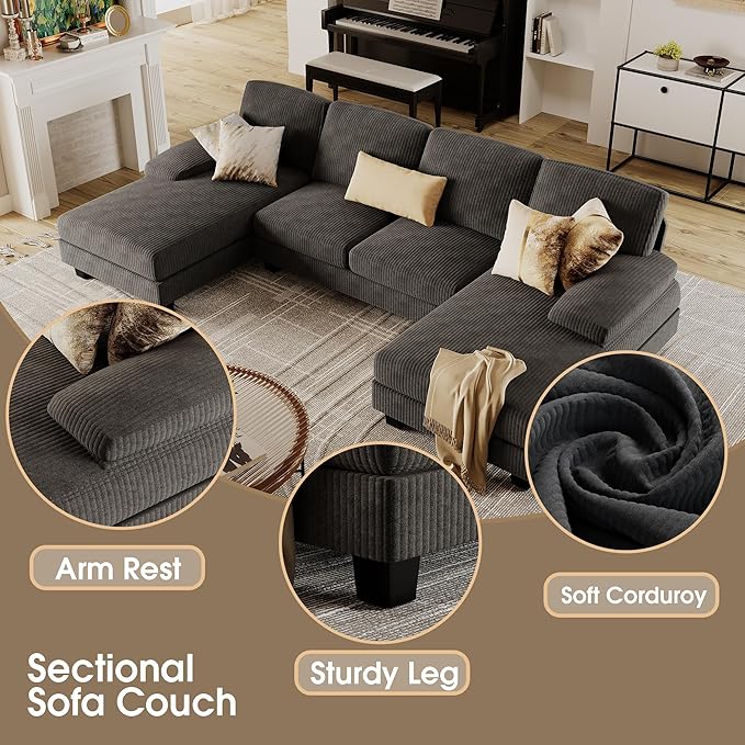 Furmax Sectional Couches for Living Room U-Shaped Sofa Couch with Linen Fabric 4 Seat Sofa Set with Double Chaise for Apartment (Corduroy Dark Grey)
