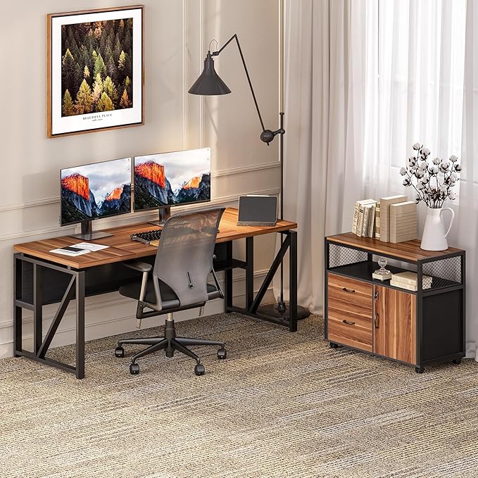 LITTLE TREE 63-Inch Office Desk with 31.5-Inch Lateral File Cabinet Study Writing Desk Computer Desk for Home Office