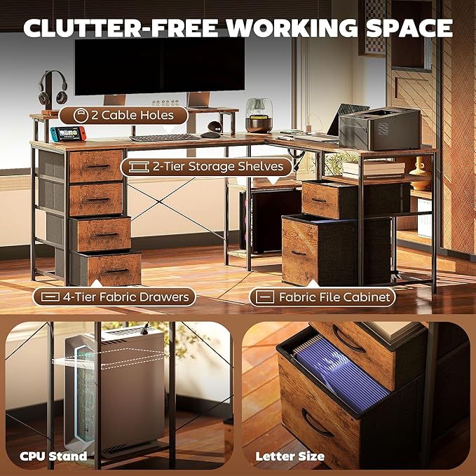 HOMCOM 66 L Shaped Gaming Desk Reversible 105 2 Person Computer Desk with File Cabinet and Fabric Drawers Power Outlets and LED Lights Monitor Stand Rustic Brown