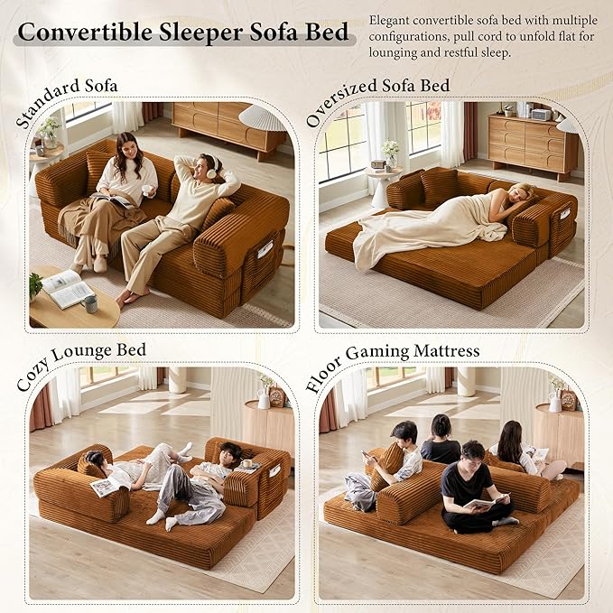 Boneless Couch Folding Couches for Living Room Sofa Futon Sofa Bed with Sleeper Sofa Futon Couch with Fixed-Shape Oversized Corduroy Upholstered (Orange 81 Inches)