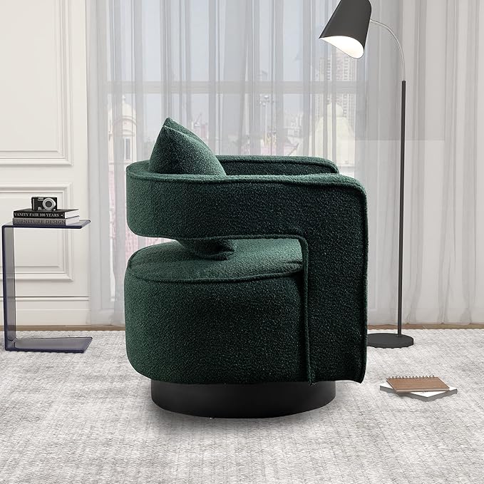 29 W Modern Boucle Swivel Accent Chair Open Back Comfy Sofa Chair with Black Wood Base for Nursery Bedroom Living Room Hotel Office Club Leisure Lounge Chair (Green)