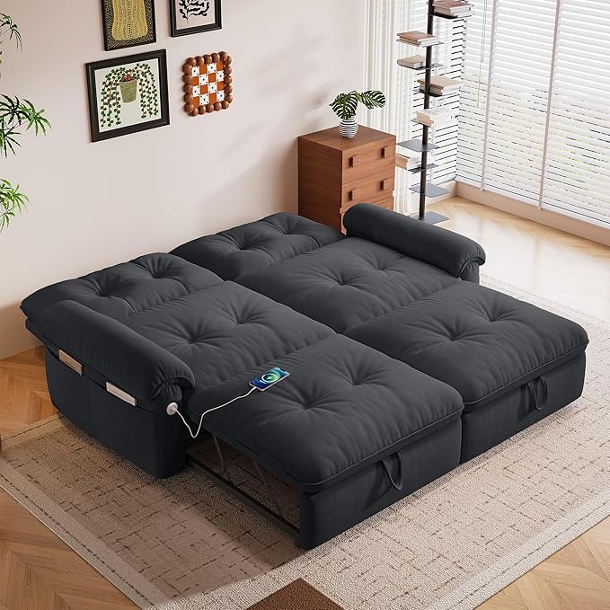 77'' Convertible Sofa Bed Queen Size Pull Out Couch Bed with Storage and USB Velvet Love Seat Sleeper Sofabed for Living Room Small Apartment Bedroom Office Black