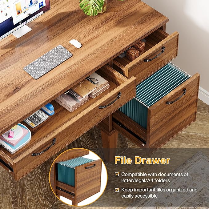 Tribesigns 47 Wood Computer Desk with 3 Drawers Farmhouse Small Office Desk with File Drawers Writing Table with Storage for Home Office Bedroom Study Room Brown
