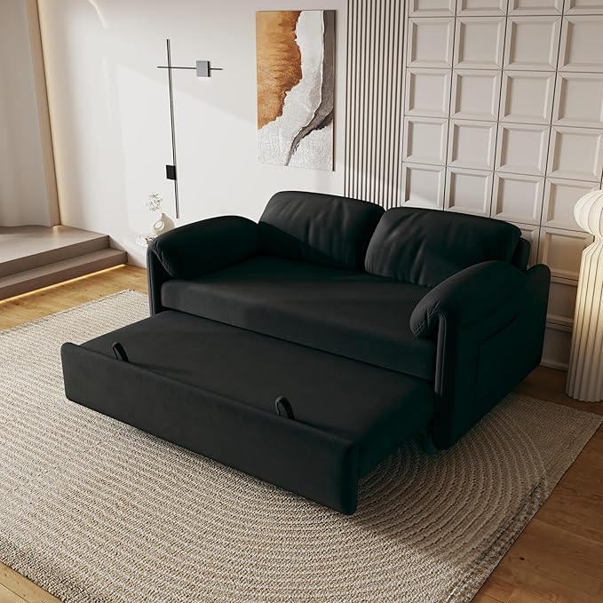 KEIKI 3 in 1 Full Velvet Convertible Pull Out Sofa Bed Adjustable Backrest &amp Side Pockets Modern Sleeper Recliner Couch for Living Room Black