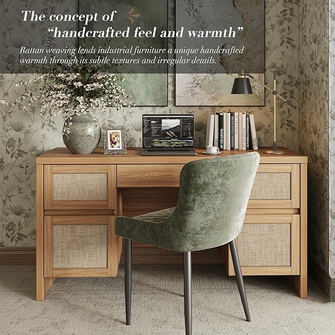 Yechen Executive Desk with 5 Drawers 57 Modern Rattan Home Office Desk with Charging Station File Drawer Farmhouse Boho Computer Writing Desk for Study Work Walnut Brown