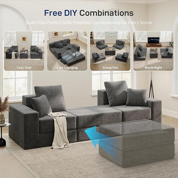 Cloud Modular Sectional Sofa Comfy Boneless Couch for Living Room Modern L-Shaped Couch with Reversible Chaise Customizable Sleeper Sofa with Non Slip No Assembly &amp Deep Seat Dark Grey