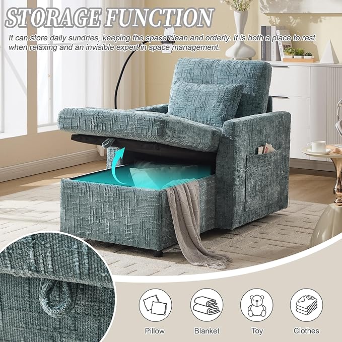 32 Comfy Chaise Lounge Sofa Bed Chair with Storage Side Pockets Phone Holder &amp 2 Pillows Modern Chenille Upholstered Sleeper Sofa Leisure Chair for Living Room Bedroom Small Spaces (Lake Blue)
