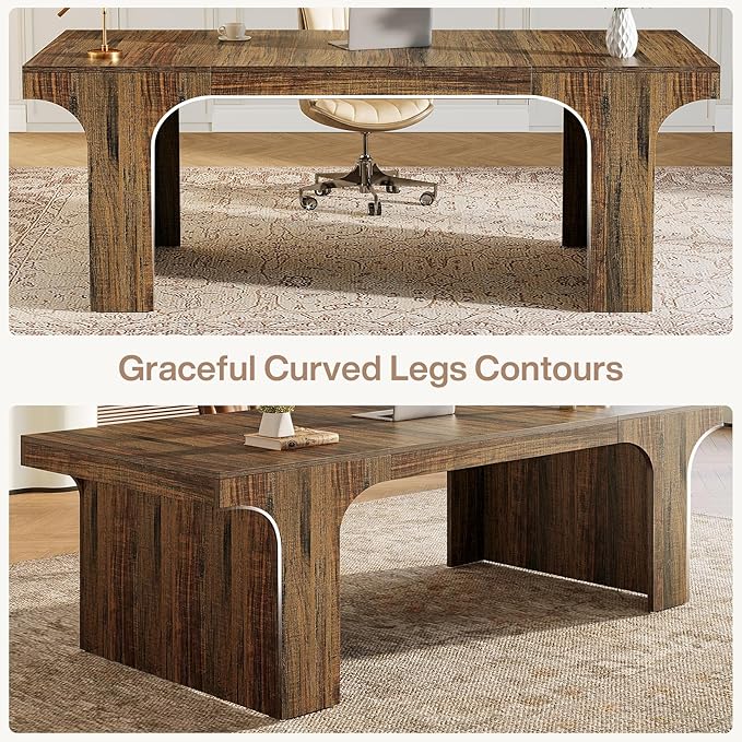 Tribesigns 70.87 Executive Office Desk Large Workspace Computer Desk Rustic Wooden Writing Table Simple Business Furniture with Arched Design for Home Office Rustic Brown
