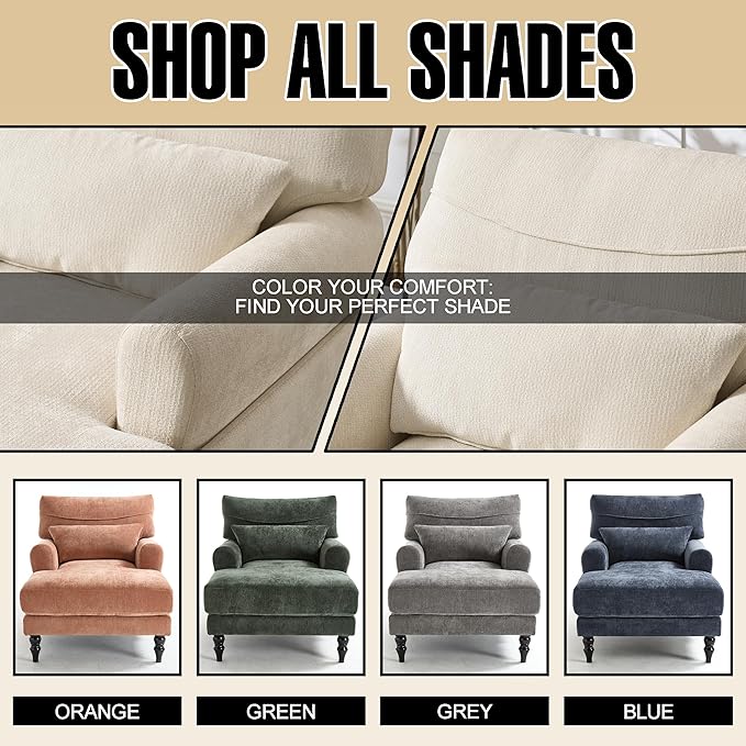 Chaise Lounge Chair Indoor Modern Leisure Sleeper Sofa Chair w/Double Deep Cushion Accent Upholstered Reading Side Armchair Recliner Arm Chairs for Living Room &amp Bedroom Easy AssemblyBeige