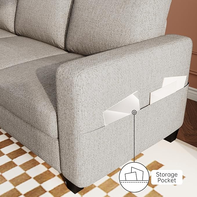Sectional Sofa and Couches for Living Room 78'' Brown 3 Seat L-Shaped Couch with Movable Ottoman Comfy Linen Convertible Sectionals Sofas with Chaise for Apartment Dorm Small Space