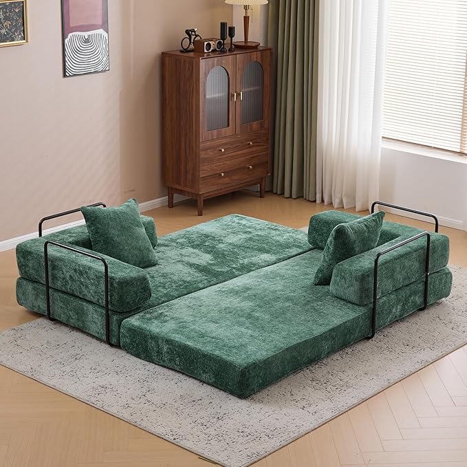 77 Convertible Sleeper Sofa Bed with Fixed-Shape Frame Modern Chenile Folding Boneless Couch with 2 Pillows Comfy Floor Sofa Couch for Living Room No Assembly Required Green