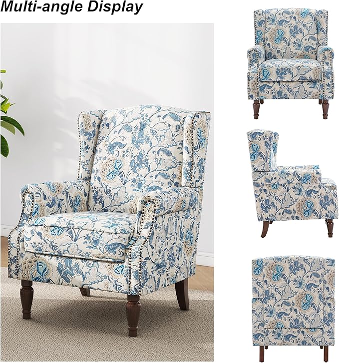 Floral High Back Accent Chair Upholstered Armchair with Solid Wood Legs Comfy Wingback Reading Single Sofa Chair for Small Spaces Living Room Bedroom(Floral Boho Blue Set of 1)