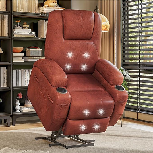 Flamaker Power Lift Recliner Chair Electric Lift Recliner for Elderly Power Lift Recliner Chair with Cup Holders Side Pockets for Living Room (Leathaire Dark Brown)