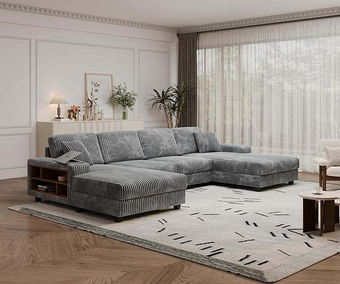 137” Oversized Corduroy Sectional Sleeper Sofa with Double Storage Chaise U Shaped 4 Seat Sectional CouchDark Gray