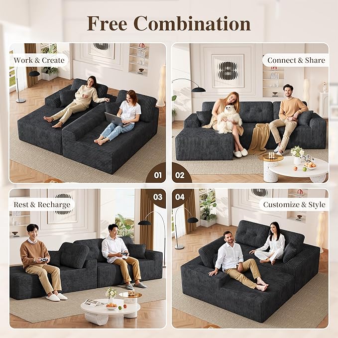 Ball &amp Cast 106 Boneless Sectional Sofa Corduroy Modular L Shaped Couch with Deep Seat Chaise Cloud Style Oversized Sofa for Living Room No Assembly Left Facing Grey