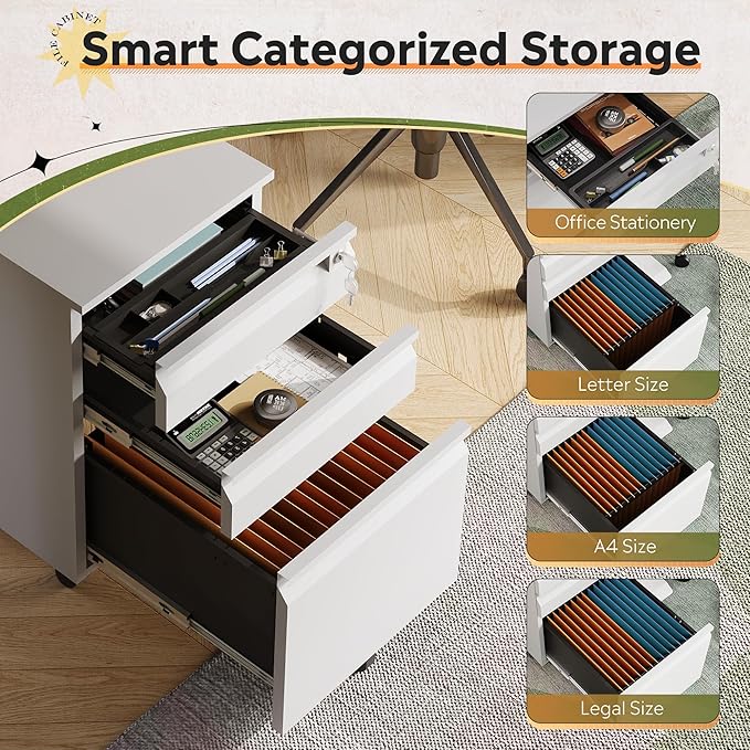 DEVAISE 3-Drawer File Cabinet with Lock &amp Wheels White Metal Filing Cabinet for Home Office Under Desk Storage Mobile Vertical Organizer Fits Letter/A4 (17 D x15 W x24 H)