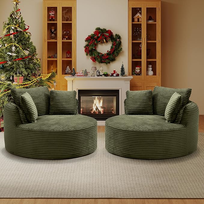 53W Oversized Round Chair Lounge Chaise Indoor Corduroy Comfy Circle Reading Armchair Upholstered Modern Cloud Boneless Chairs Cozy Floor Sofa Chair for Living Room Bedroom Apartment(Green)