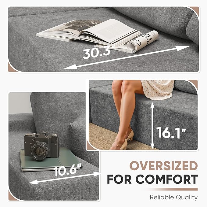 Homall 108 Modular Sectional Sofa Boneless Couch with L-Shape Chaise Cloud Couch with Deep Seat Upholstered No Assembly Required for Living Room Bedroom (Chenille Grey)